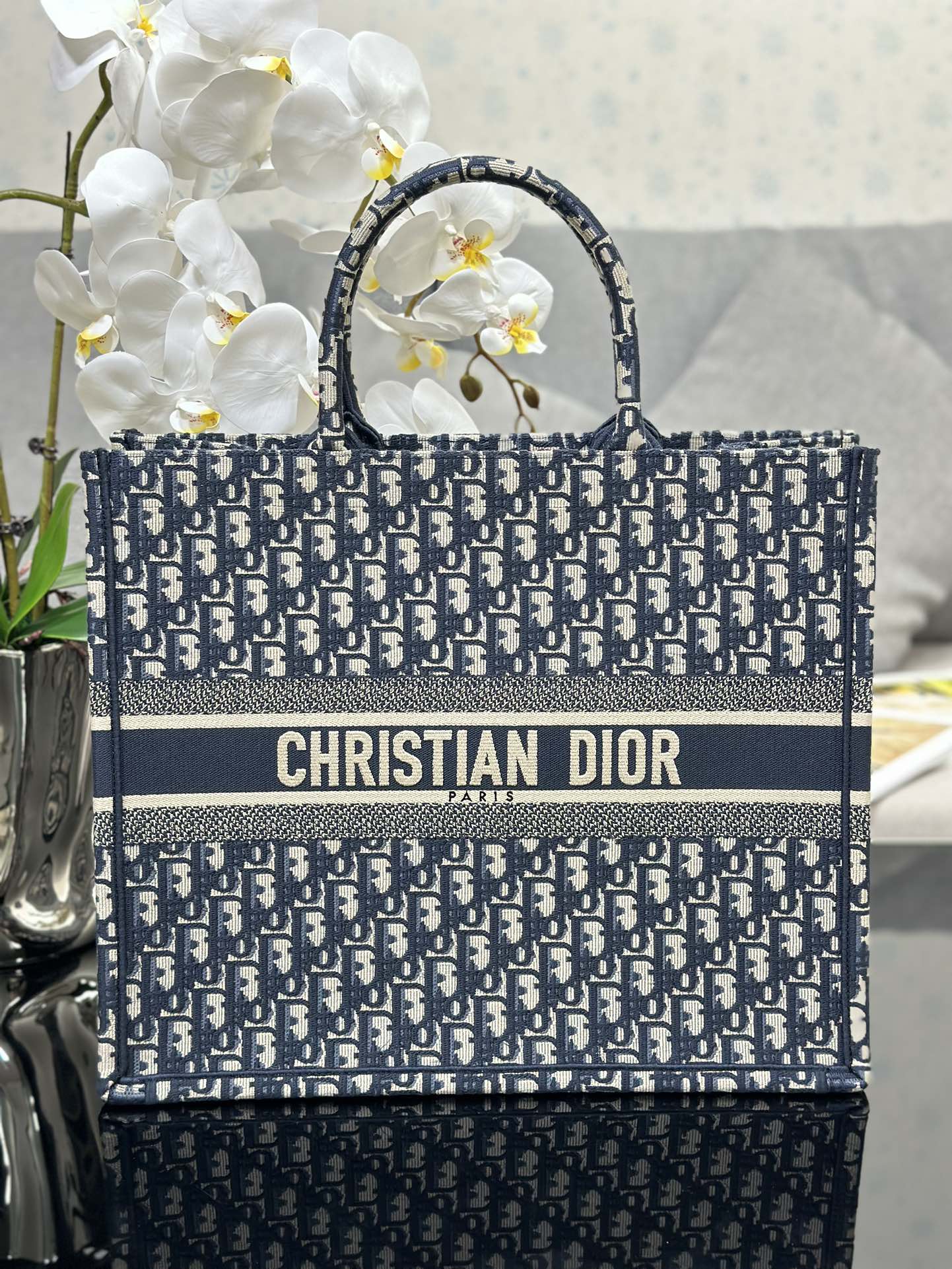 Large Dior Book Tote Bag Ecru and Blue Dior Oblique Embroidery